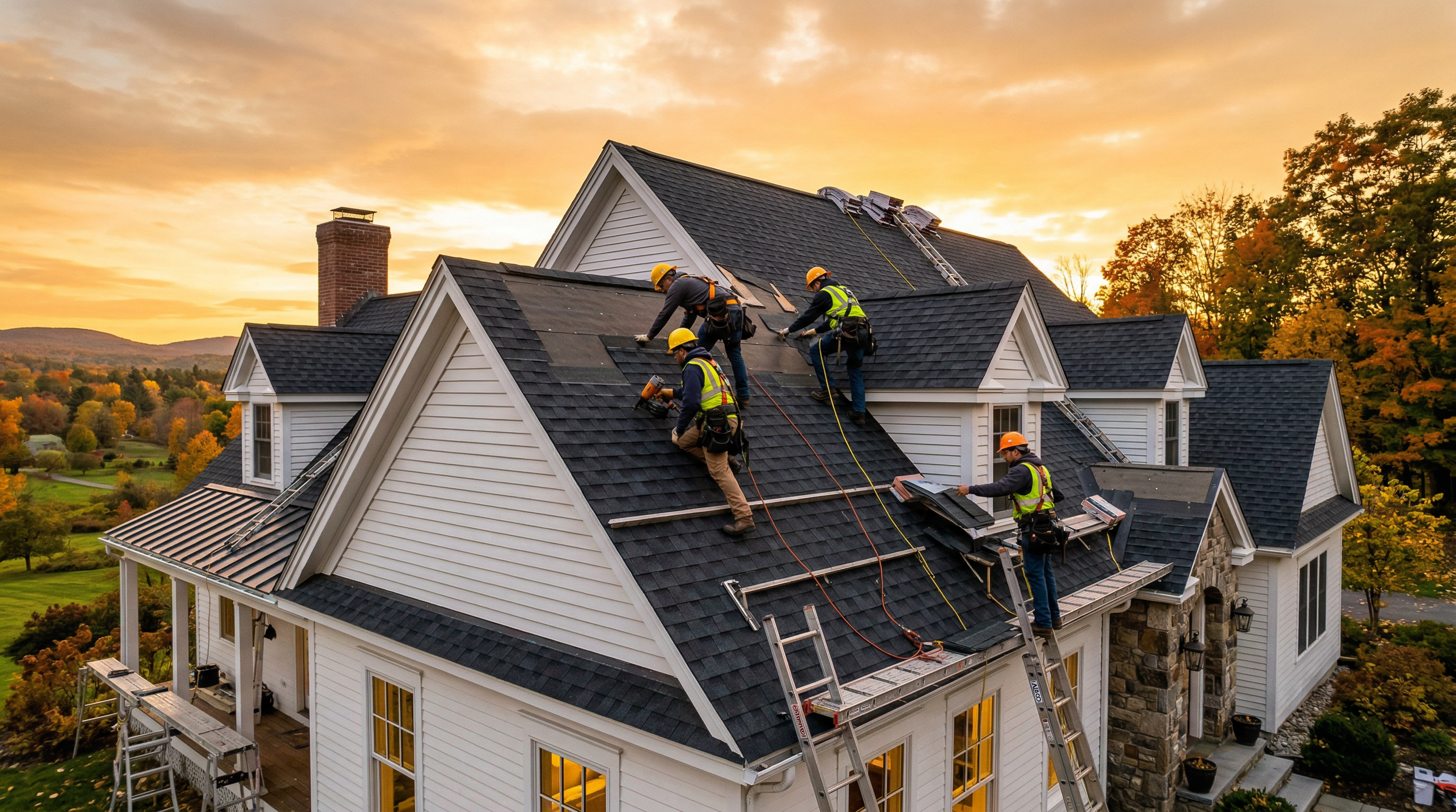 Monastery Roofing crew installing dark architectural shingles on a New England home at golden hour